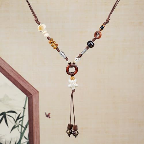 Boho Style Colorful Ceramic Bead Strand Necklace Adjustable Bohemian Jewelry Gift for Women, Fashion Clothing Matching Necklace - color: Beige and Brown