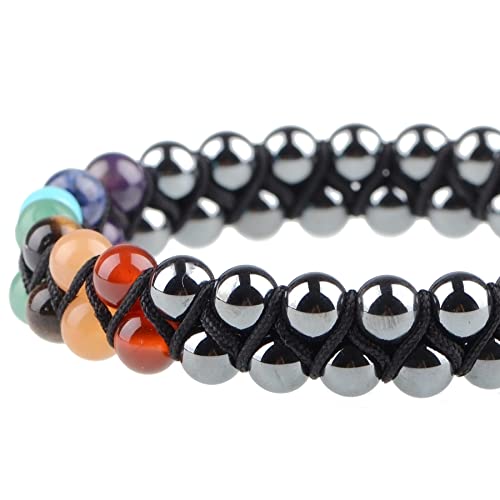 MASSIVE BEADS Double Layer Natural Chakra Healing Power Crystals Macrame Bracelet Yoga Stone Beads Gemstone Meditation Relax Anxiety Bangle for Unisex Women Men - color: 7-Chakras&Hematite, size: 6mm