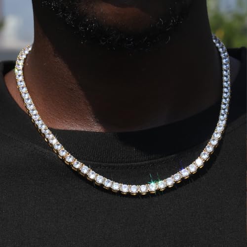 BREN Tennis Necklace - 3mm 4mm 5mm Iced Out Diamond Tennis Chain 5A Cubic Zirconia Necklace - 18K/White Gold Plated Flat Tennis Necklace for Women and Men Size 16"-22" - color: Gold-5mm, size: 18 inch