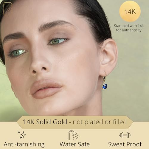 14k White or Yellow Gold Cushion Cut Gemstone Dangle Earrings for Women with 8mm Birthstones by MAX + STONE - color: Created-Blue-Sapphire