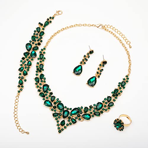 CSY 4 Pcs/Set Austrian Crystal Necklace Earrings Bracelet Ring Bridal Jewelry Sets for Brides Wedding Party Costume Accessories Gifts for Women - color: 02-gold plated-green