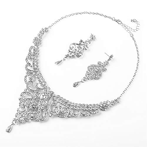 Hapibuy Crystal Wedding Jewelry Set Necklace Earring Set For Women and Brides Rose Gold and Silver Bridal Statement Jewelry sets - color: Silver