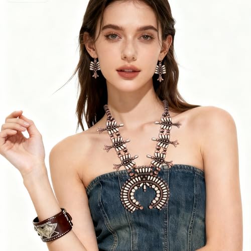 4 PCS Western Turquoise Jewelry for Women Boho Vintage Navajo Pearl Necklace Earring Bracelet Ring Set Country Cowgirl Accessories for Gift - color: P-White（No Bracelet No Ring）
