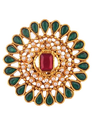 Efulgenz Indian Jewelry Rings for Women Antique Round Faux Pearl Crystal Bollywood Adjustable Big Finger Ring Fashion Party Statement Jewelry for Women - color: Green