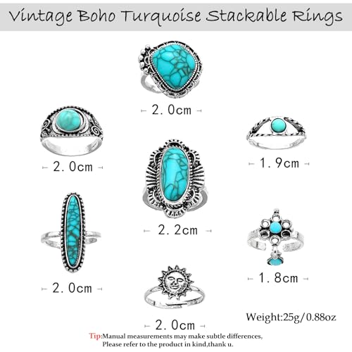 Bohemian Joint Knuckle Rings Set for Women,Vintage Boho Turquoise Stackable Rings Chunky Retro Turquoise Midi Finger Ring Statement Western Jewelry - style: Style E