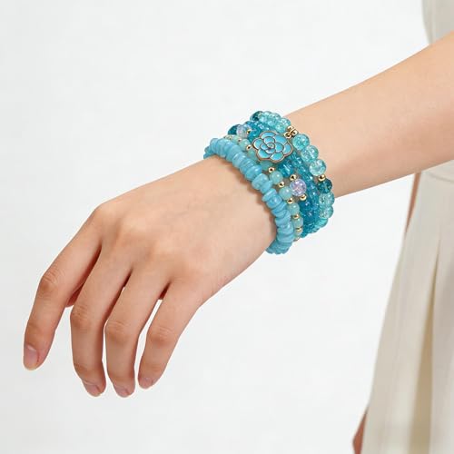 coadipress 5Pcs Bohemian Flower Stackable Bead Bracelets for Women Multilayer Crystal Glass Beaded Charm Bangles Bracelet Boho Summer Beach Hawaii Holiday Statement Jewelry - color: Blue