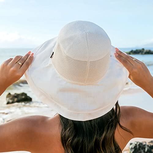 Women's-Mesh-Sun-Hats Wide-Brim Summer Beach Bucket Caps for Girls Outdoor-UV-Protection Foldable-Fishing-Hat Chin Strap - color: Beige