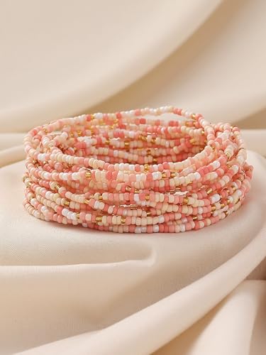 xuzhiyuan 18Pcs Boho Beaded Bracelets Set for Women Bead Stackable Stretch Bracelets, Colorful Handmade Jewelry for Beach, Party - color: Pink