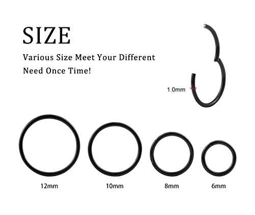 4Pcs 16G 18G 20G Surgical-Steel-Piercing-Ring-Nose-Rings-Hinged-Hoop-Earrings,6mm 8mm 10mm 12mm Seamless Stainless Steel Clicker Eyebrow Septum Piercing Hoop,Sliver Black Gold Rose Gold Rainbow Body Jewelry Set - color: 18G Black