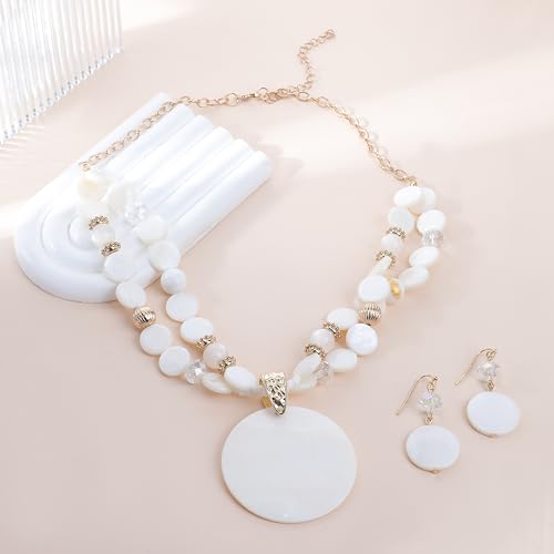 Layered Beads Statement Fashion Necklace Chunky Jewelry Set Big Colorful Glass Stone Circle Shell Pendant Choker Necklace and Earring Set for Women - color: white