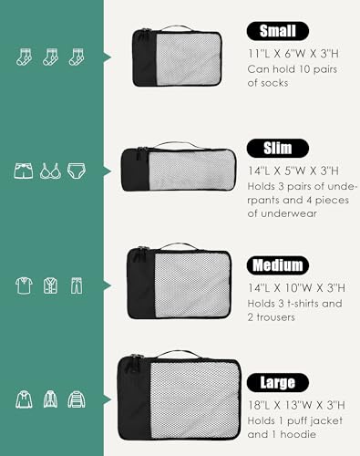WTREE 4-Piece Packing Cubes Travel Accessories Set for Suitcases - Luggage Organizer Bags with Double Zipper - Mesh Top - Small/Medium/Large/Slim - Black - color: Black, size: Slim, Small, Medium, Large