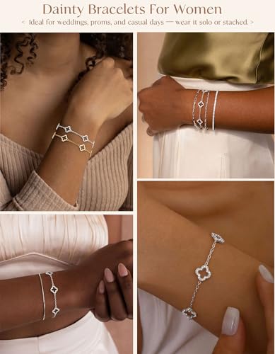 Dainty Silver Gold Bracelets for Women Trendy Non Tarnish 14K Gold Plated Cute Clover Bracelet Stackable Daisy Cubic Zirconia Diamond Charm Bracelet Stack Waterproof Jewelry Gifts - color: B- CZ Clover Bracelet- Silver