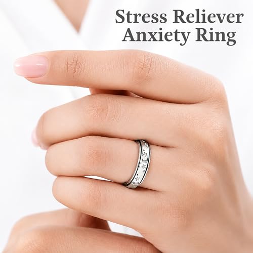 Shop LC 925 Sterling Silver Spinner Fidget Ring for Women Men | Anxiety Ring | Moon Star Design | Platinum Plated | Stress Relief Worry | Promise | Boho Jewelry Gift - color: A Moon Star, size: 9