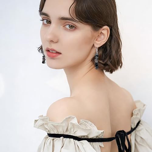 Handmade Bohemian Vintage Silver Nature Stone Beads Long Dangle Drop Earrings for Women - color: Grey