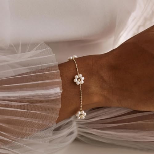 Dainty Silver Gold Bracelets for Women Trendy Non Tarnish 14K Gold Plated Cute Clover Bracelet Stackable Daisy Cubic Zirconia Diamond Charm Bracelet Stack Waterproof Jewelry Gifts - color: F- Pearl Bracelet- Gold