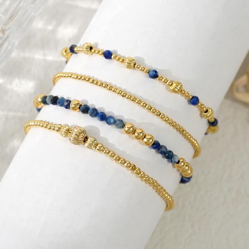 Dainty 14K Gold Lantern Beaded Bracelets Stack for Women,4PCS Colorful Glass Beads Stretch Stackable Bracelets Set Fashion Prom Jewelry Gift Friendship - color: Indigo