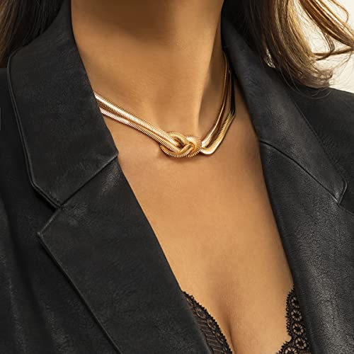 PLOUTOS Chunky Gold Knot Choker Necklace for Women Adjustable Double Snake Chain Design Bold Statement Fashion Jewelry Accessory For Party Daily Wear Gift - color: Gold