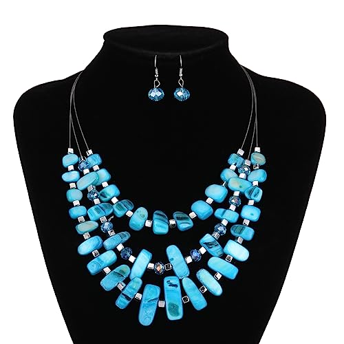3 Layered Chunky Statement Necklace for Women Beaded Strand Necklaces with Earring Fashion Costumes Collar Necklace Jewelry Sets Gifts for Women - color: 50-Turquoise