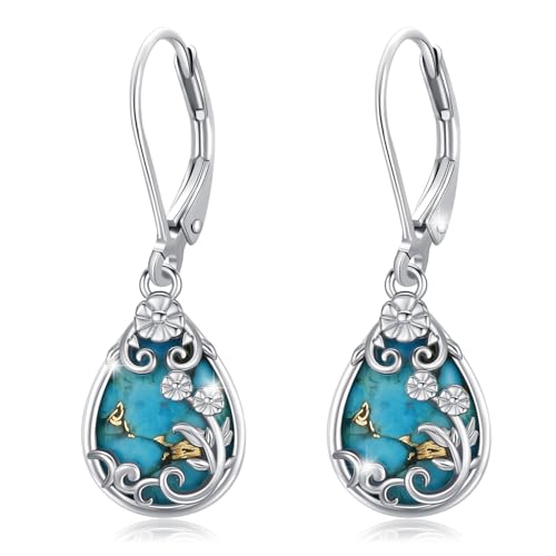 Natural Turquoise Earrings for Women Dangling 925 Sterling Silver Dangle Earrings Western Jewelry Christmas Gift for Sister Mother - style: D-Floral Earrings