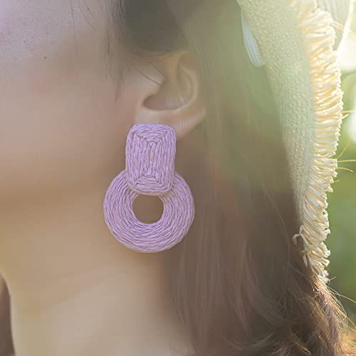 Statement Raffia Earrings Cute Boho Earrings Rattan Dangle Earrings Handmade Straw Wrap Earrings Summer Drop Dangling Earrings for Women Teen Girls - color: Purple