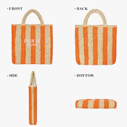 Straw Beach Bag for Women Summer Woven Tote Bag Packable Straw Purses and Handbags for Vacation Holiday - color: M-orange