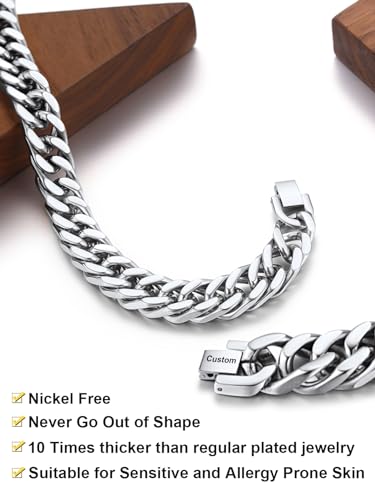 ChainsHouse Stainless Steel Cuban Link Bracelet, 8mm/12mm/17mm Width, 7.5"/8.3"/9", 18K Gold Plated Chain Wrist Bracelets for Men Women, Send Gift Box - color: Q: Steel-12mm width-custom