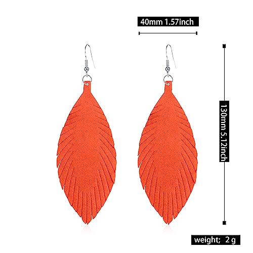 Large Genuine Soft leaf Leather Handmade Fringe Tassel Feather Lightweight Tear Drop Dangle Color Earrings for Women - color: Orange