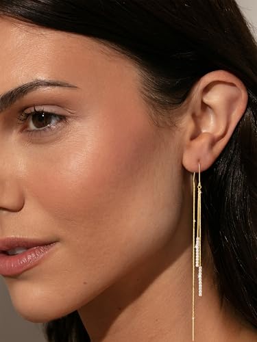 Robaice Gold Long Prom Earrings for Women, 14K Gold Plated Pearl Dangle Drop and Chain Tassel Threader Earrings Dangling，Rhinestone Zirconia Hypoallergenic Bride Party Prom Gold jewelry，Women Gifts - style: A-long threader earrings