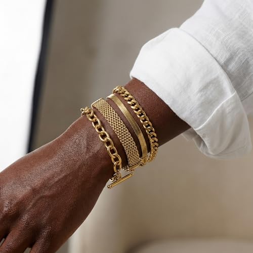 RINHOO Gold Chain Bracelets Set for Women - Trendy Paperclip Snake Link Layered Bracelets 18K Gold Plated Stainless Steel Stackable Wrist Jewelry Aesthetic Preppy Gifts - style: Gold-Style 1