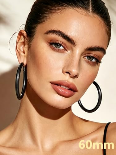 Bestyle 5mm Thick Gold Hoop Earrings Hypoallergenic Hoops for Sensitive Ears Trendy Lightweight Chunky Earrings for Women 30/40/60/80mm - color: 01-Black, size: 60mm
