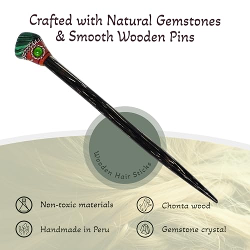Mia Jewel Shop - Natural Tumbled Healing Gemstone Crystal Chonta Wooden Hair Sticks – Handmade Hair Sticks for Women | Hair Pins Boho Reiki Accessories, Fashion Gifts (Green Malachite) - color: Green Malachite