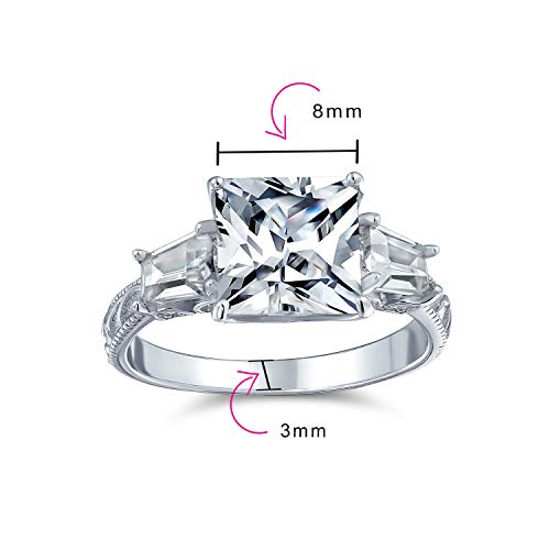 Bling Jewelry Personalize Vintage Antique Style 3CT AAA CZ Baguette Side Stones Solitaire Square Brilliant Princess Cut Engagement Ring Milgrain Filigree Band .925 Sterling Silver Customizable