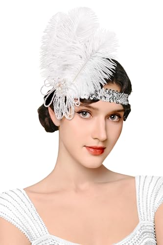 BABEYOND 1920s Feather Flapper Headband - Vintage Sequin Headpiece for Gatsby Party Roaring 20s Costume Accessories - color: White