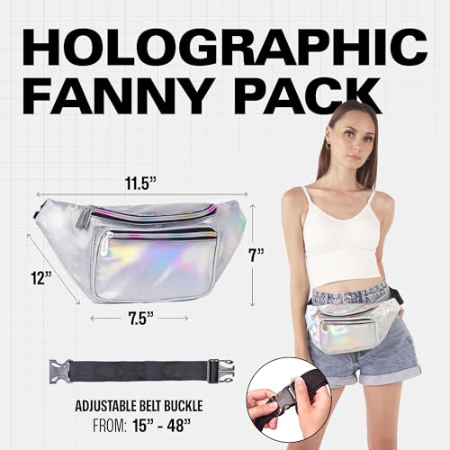 Holographic Fanny Pack Belt Bag | Waterproof Crossbody Bum Waist Pack - For Halloween, Rave, Hiking, Running, Travel (Silver) - color: Holographic - Silver
