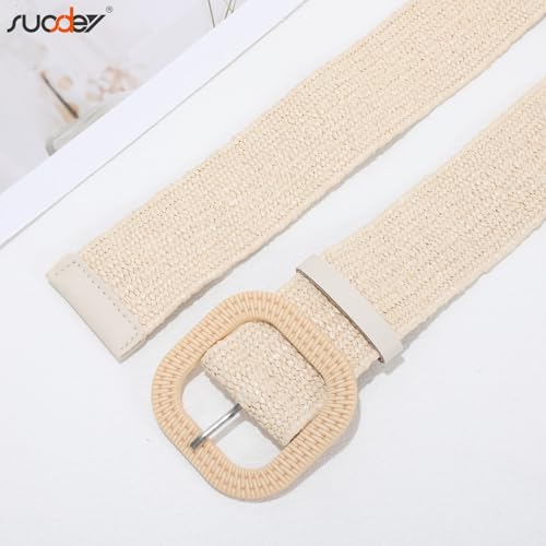SUOSDEY 2 Pack Straw Woven Elastic Belt Braided Stretch Wide Boho Rattan Waist Belt for Women Dresses - color: 06-brown+beige(square Buckle), size: Fit Waist up to 35''