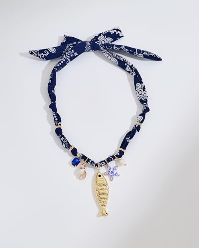 Gold Fish Necklace For Women Blued Beaded Strand Toggle Necklace With Gold Fish Pendants Dainty Summer Beach Turquoise Jewelry - style: Scarf Strand