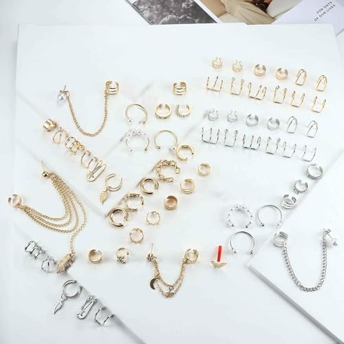 66Pcs Ear Cuff Earrings for Women Non Piercing, Fake Earrings, Silver Clip on Cartilage Earrings for Sensitive Ears Gold Ear Wrap Earrings for Helix Cartilage Butterfly Ear Cuffs Non Piercing