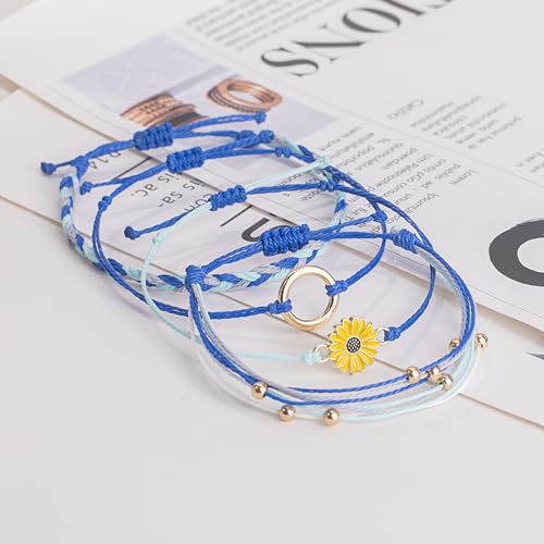 FANCY SHINY Easter Gifts Basket Stuffers Sunflower String Bracelet Boho Braided Rope Wrap Bracelets Cute Summer Beach Surfer Jewelry for Women - color: Royal Blue