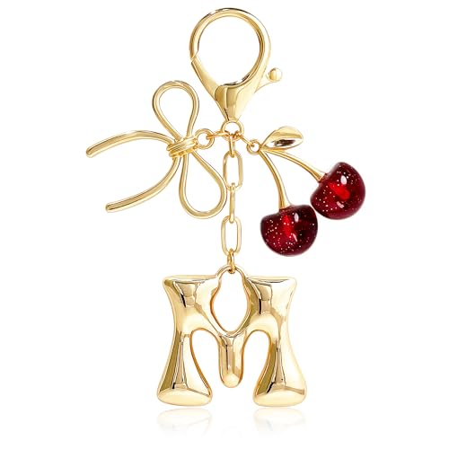 Cute Initial Cherry, Bow, Heart & More Styles - Personalized Keychain Bag Charms & Purse Accessories for Handbags - color: Red Cherry, style: M