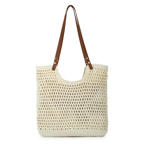 GOKTOW Crochet Beach Bag Women Woven Tote Handbag Casual Boho Bags Large Shoulder Purse For Summer Vacation Travel - color: Beige