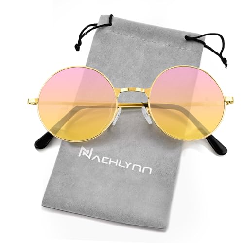 NACHLYNN Round Hippie Sunglasses Metal Border Circle Hippie Glasses UV380 Protection 70s Sunglasses for Men Women Party Favor - color: Pink Yellow