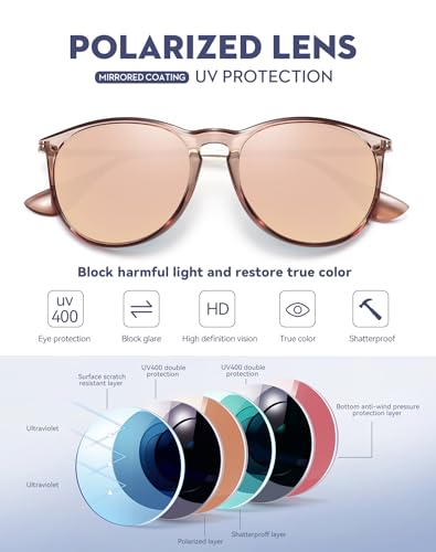 WOWSUN Retro Polarized Sunglasses Womens Trendy Round Classic Glasses - color: 3 Pack: Black+champagne Lens+clear Frame Pink Lens