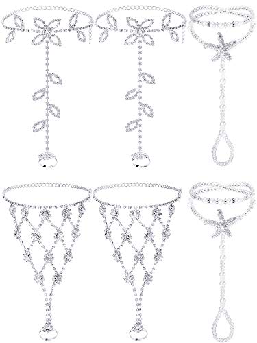 Hicarer 6 Pcs Foot Jewelry Barefoot Sandals for Women Rhinestone Bohemian Foot Ankle Chains for Beach Wedding - style: Rhinestone Star Leaf Mesh Style