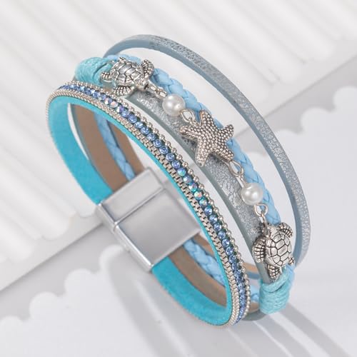 FANCY SHINY Turtle Starfish Leather Wrap Bracelet Boho Rhinestone Pearl Cuff Bracelets for Women Summer Beach Jewelry for Women - color: Blue