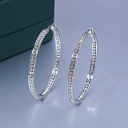 CiNily Mult-colors Crystal Stainless Steel Hoop Earring for Women Hypoallergenic Jewelry for Sensitive Ears Large Big Hoop Earrings 2" - color: Clear White