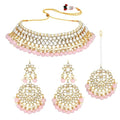 Aheli Faux Kundan Beaded Necklace Earrings Maang Tikka Indian Bollywood Ethnic Jewelry Set Gift for Women - color: Pink 2