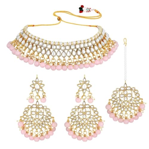 Aheli Faux Kundan Beaded Necklace Earrings Maang Tikka Indian Bollywood Ethnic Jewelry Set Gift for Women - color: Pink 2