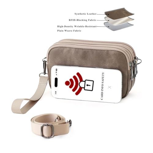 Small Wristlet Wallet for Women, 3-Zip Crossbody Phone Purse - color: Taupe/Shatteredpvc