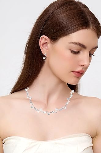 Elegant Brides Austrian Crystal Flower Choker Necklace Drop Dangle Earring Bracelet Wedding Jewelry Set for Bridesmaid Prom Costume Jewelry Set for Women - color: White-Platinum Plated