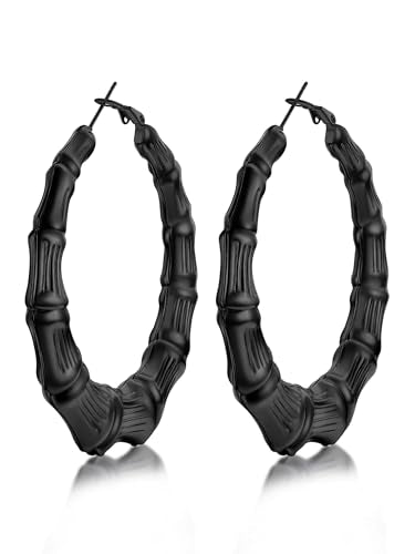 KeyStyle Bamboo Hoop Earrings for Women, Stainless Steel 90s Hoops Earring Lightweight Loops for Party, 2 mm Thick Hypoallergenic Vintage Circle Endless Thin Hoop (40mm, 60mm, 80mm,) - color: Black Plated-60mm
